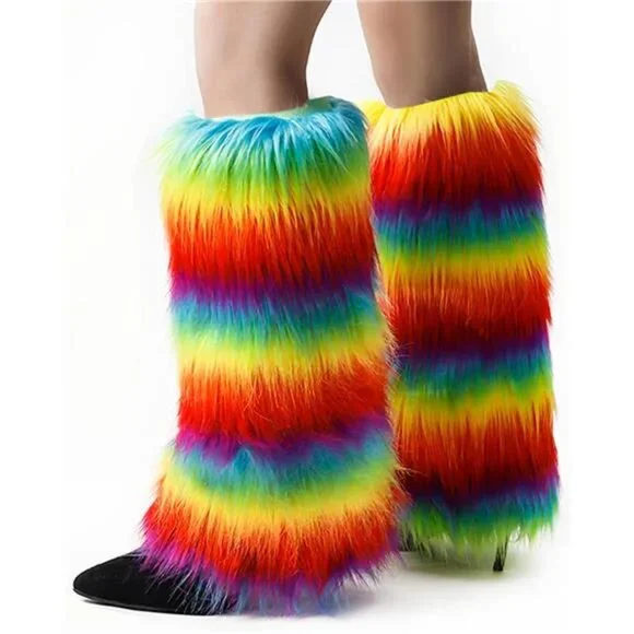 PRIDE Faux Fur Bright Vivid Colorful Rainbow Leg warmers-- SO FUN! ONE SIZE NWT - Picture 5 of 8